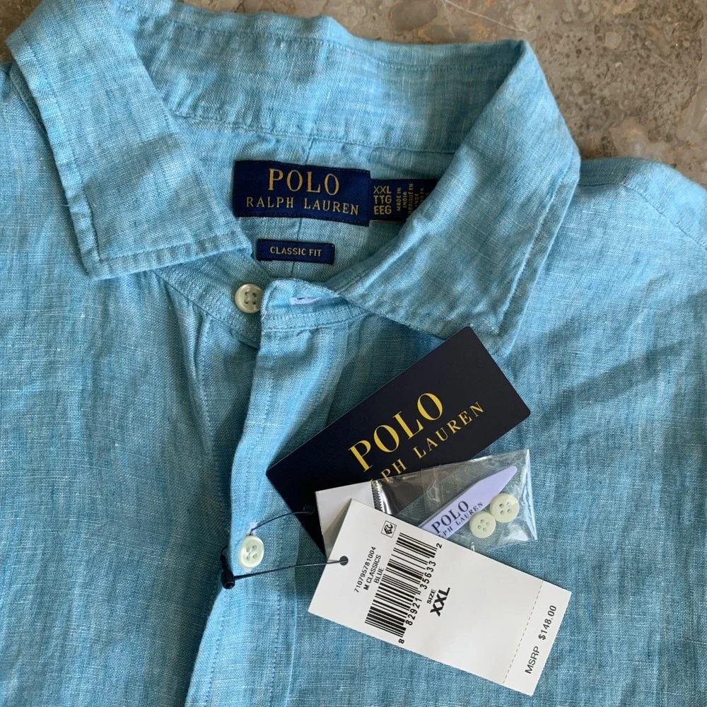 Polo Ralph Lauren Shirt Mens 2XL Classic Fit Blue 100% Linen Long Sleeve Button
